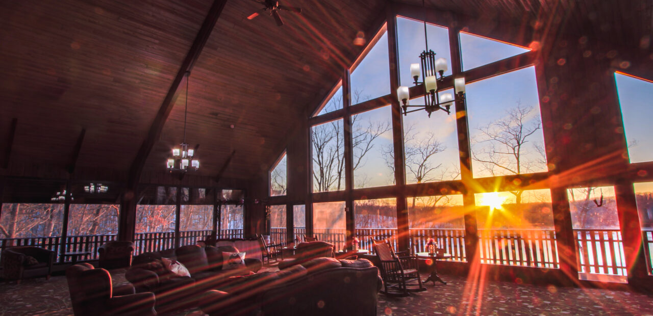 Sun shining into main cabin lobby at sunset