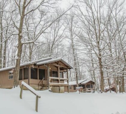 Burr Oak cabin exterior in winter