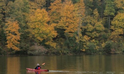 Kayaker on lake in the Fall