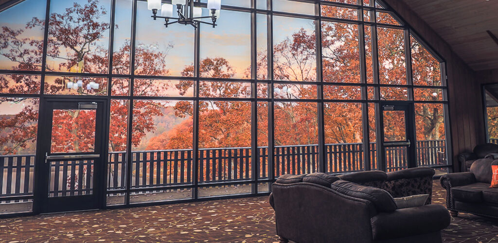 Burr Oak lobby during the fall with trees outside